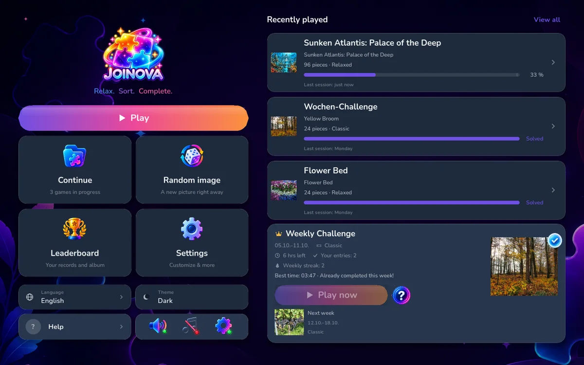 Joinova home screen with the weekly challenge